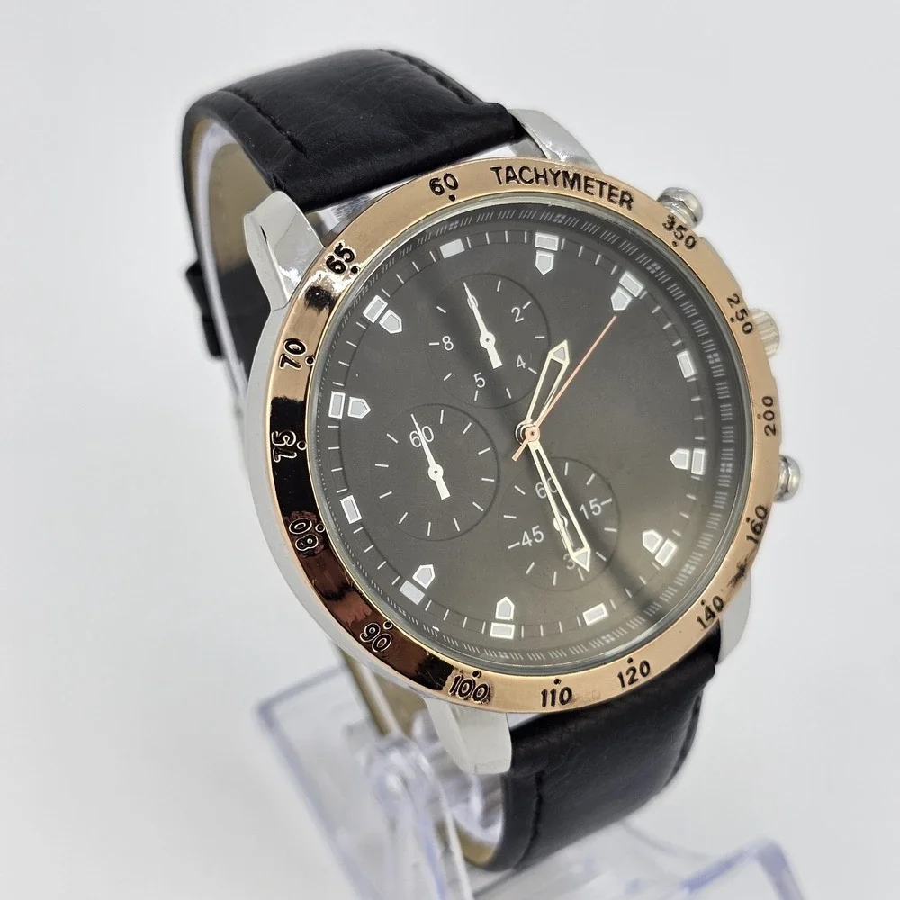 48MM Men's Analog Watch Black Dial Black Faux Leather Bands New‎ Battery
